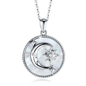 925 Sterling Silver Moon and Star Natural White Shell Round Necklace